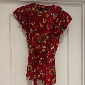 New York & Company Red Floral Ruffle Blouse